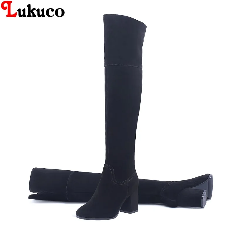 

Lukuco Fashion Genuine Full Grain Leather Square Heels Shoes Oversize 43 44 45 46 47 48 Warm Autumn Winter Short Plush Boots