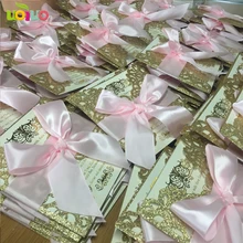 Бесплатный бант своими руками, на заказ 50 комплектов inc43 блестящая золотая лазерная резка, для свадьбы Пригласительные открытки Персонализированная на заказ розовый бант