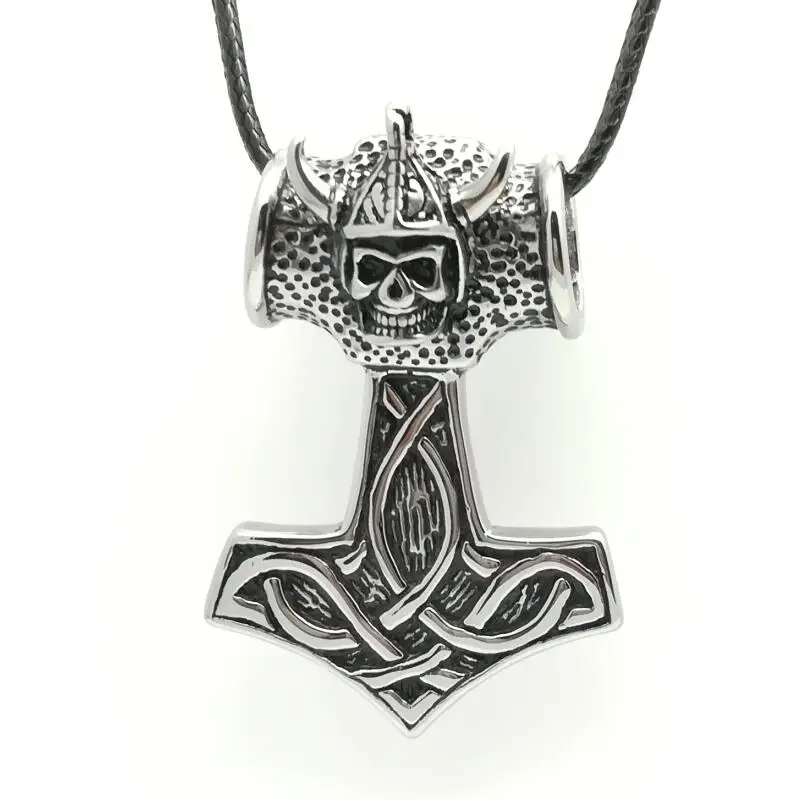 

Men's Silver Black Punk Thor hammer Skull Pendant Necklace Stainless Steel Norse Viking Pewter Pendant Necklace Jewelry