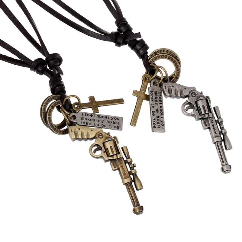 

Handmade Boho Gypsy Hippie Punk Cow Black Leather Alloy Gun Cross Loop Love Letter Tag Charms Wrap Adjust Unisex Couple Necklace