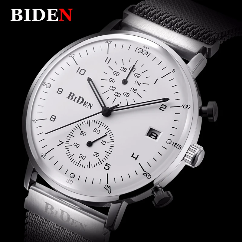 BIDEN Famous Top Brand Men Watch Women Stainless Steel Milanese Loop Strap Chronograph Quartz Wrist Watch Adjustable Strap Clock