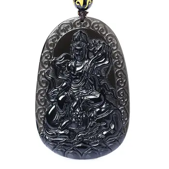 

Koraba Fine Jewelry Natural Genuine Obsidian Samantabhadra Kwan-Yin Bodhisattva Pendant Necklace Free Shipping