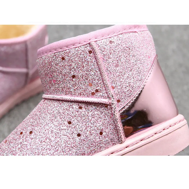Детские шикарные зимние ботинки; теплые плюшевые ботильоны с блестками; нескользящие зимние ботинки на плоской подошве для маленьких детей