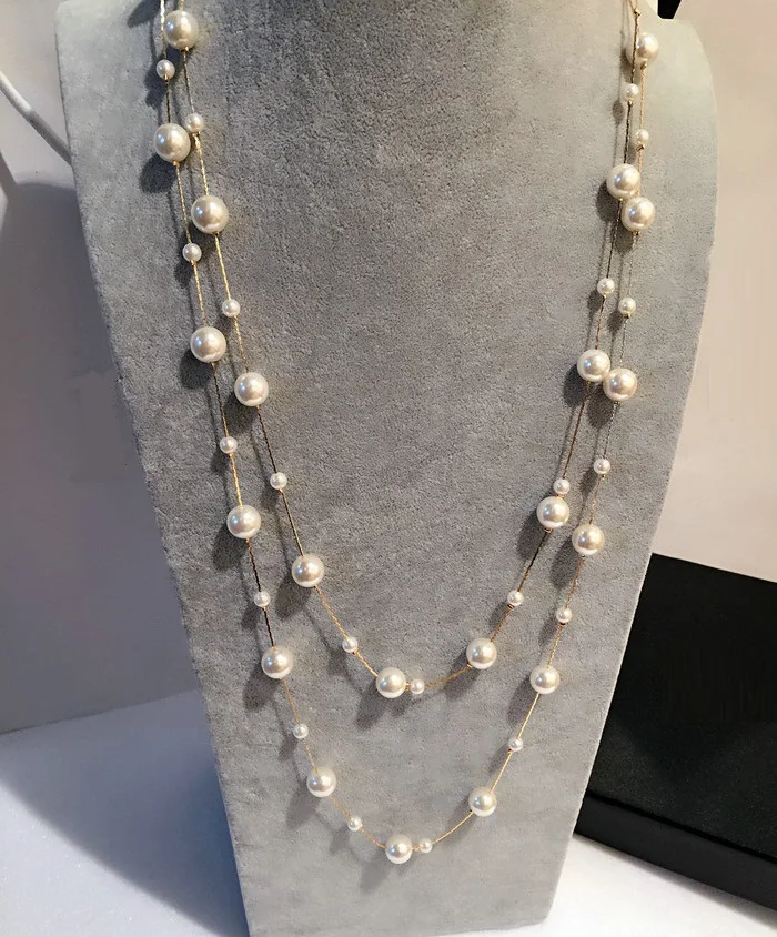 Double Layers Simulated Pearl Jewelry Long Necklace Women Classic Beads ...