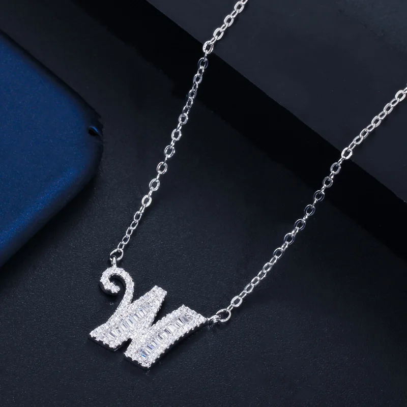 CWWZircons Personalized Cubic Zirconia Crystal 26 Initial Name Letter Pendant Necklace for Women DIY Custom Jewelry Gift CP046 - Окраска металла: W