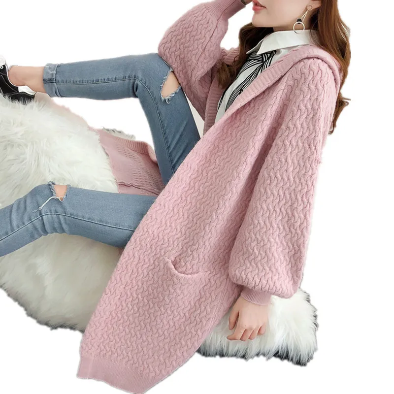 

Korean Hooded Female Cardigan Open Stitch Sweater for Women Pink Lady's Sweater Winter Long Knit Cardigan for Women Red Sweaters