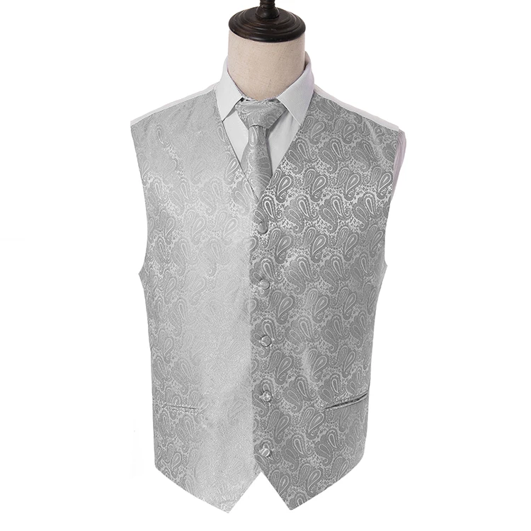 Men's Navy Paisley Floral Jacquard Waistcoat Necktie and Pocket Square Vest Suit Set Party Wedding