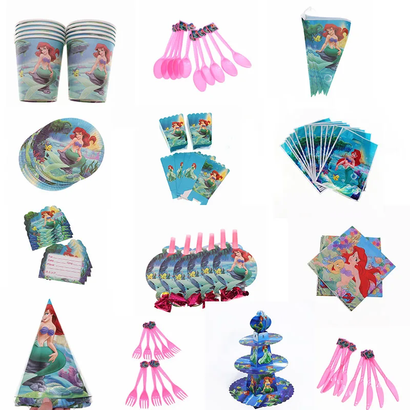 

Mermaid cartoon pictures Hat Tablecloth Straw Set Christmas Child Happy Birthday Party Decoration Supplies