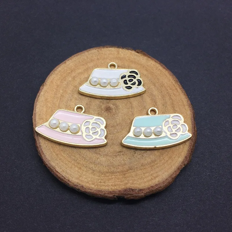 5pcs/lot Enamel Flower Hat Shape Charms Alloy Metal Imitation Pearl Pendants for Jewelry Makings DIY Necklace Bracelet | Украшения и