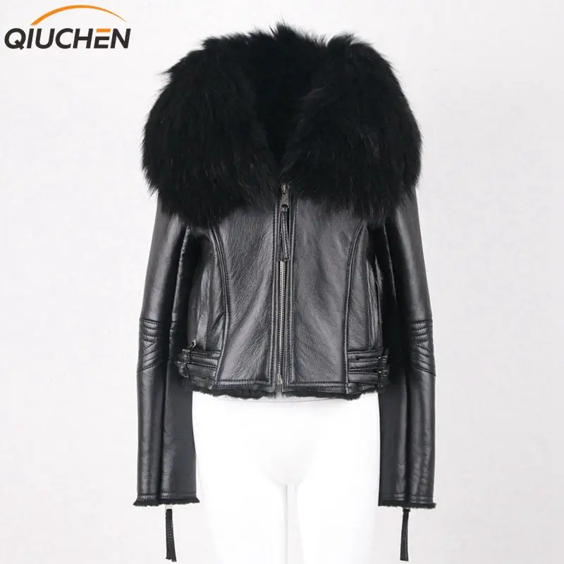 QIUCHEN PJ5032 2018 Мериносовая стриженый овечий мех пальто Whoole настоящий енот воротник