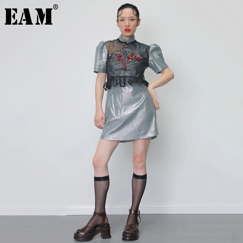 

[EAM] 2019 New Spring Summer Stand Neck Short Sleeve Mesh Pearls Flowers Hollow Out Plaid Split Dress Women Fashion Tide JY083