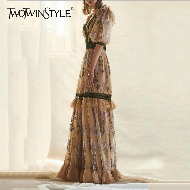 TWOTWINSTYLE платье с цветочной вышивкой для женщин, v-образный вырез, длинный рукав, высокая талия, оборки, лоскутные платья, женская мода