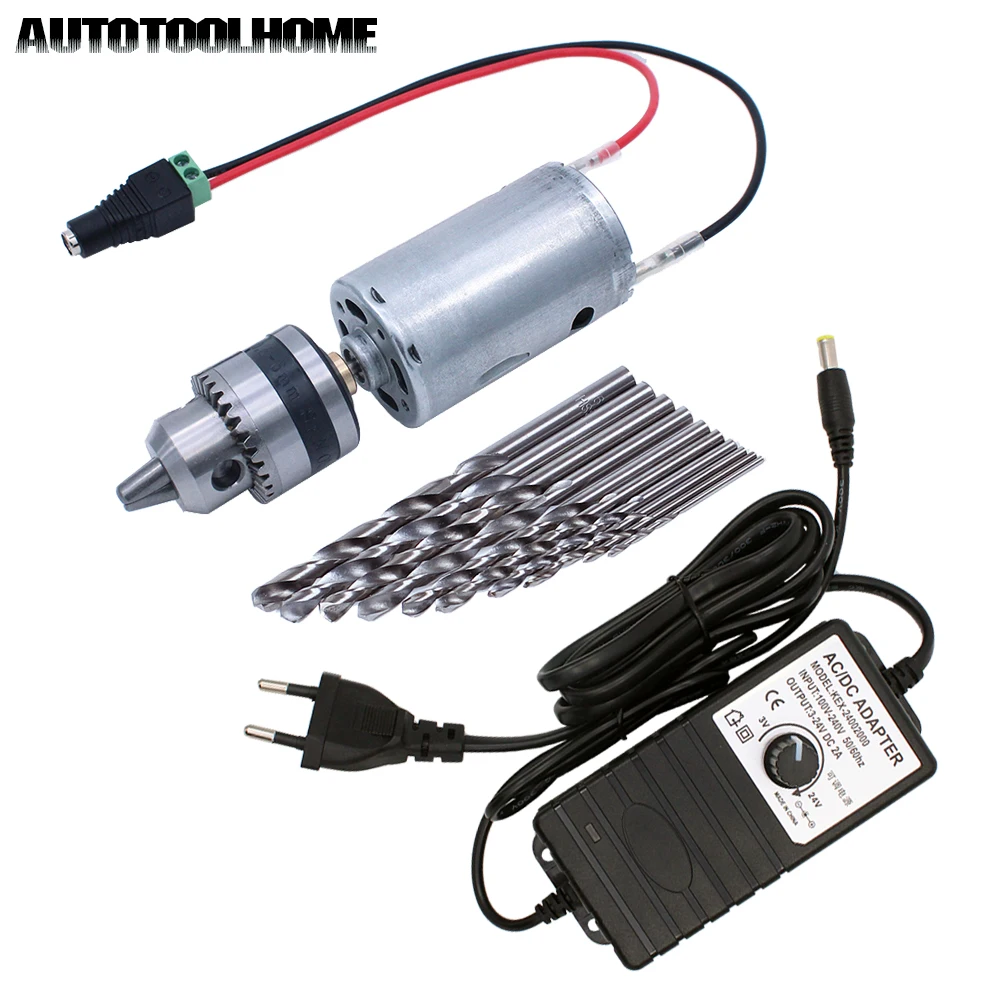 

Mini Electric Hand Drill DC Motor 3-24V 2A Adjustable Power Supply 0.6-6mm B10 Drill Chuck with Twist Drill Bits Set EU/US Plug