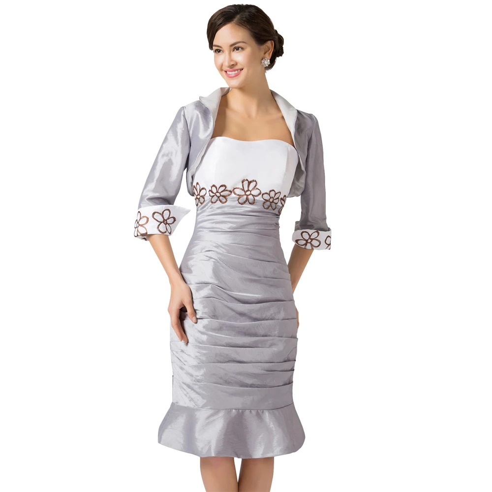 Grace Karin 2 two pieces Mother of the Bride Dresses with Jacket Knee Length Short Mermaid Fishtail Silver Grey Plus Size CL6266 | Свадьбы и