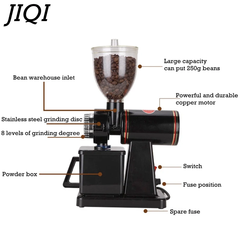 JIQI, электрическая кофемолка, кофемолка, зерновой шлифовальный станок, плоское шлифование заусениц, 220 В/110 В, красный/черный, ЕС, США