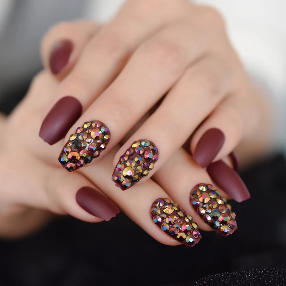 

Bordeaux 3D Ballerina Matte Coffin False Nail Finger Tips Magic AB Color Rhinestones Pre Design Burgundy Handmade Fake Nail Art