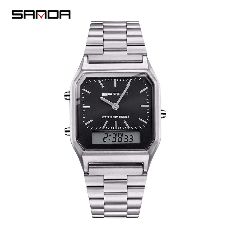 Sanda военные спортивные цифровые часы электронные мужские кварцевые часы Лидирующий бренд мужской водонепроницаемый светодиодный наручные часы Relogio Masculino - Цвет: sil black