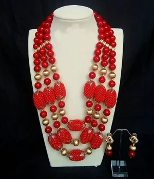 

Elegant Red Wedding African Beads Jewelry Set Gold Statement Necklace Earrings Set Bridesmaid Gift Lady Jewelry Set CNR233