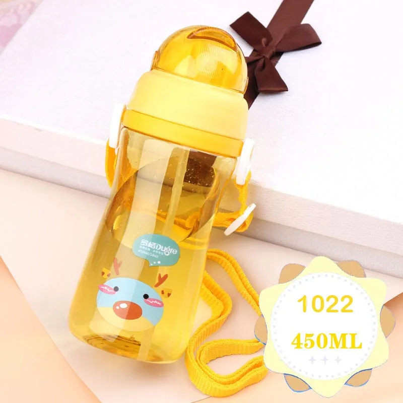 450ml 1022 Yellow Детская соломенная бутылочка-непроливайка с рисунком для детей, милая Экологичная с крышкой, походный тип, пластиковая бутылка для воды 450 мл - Color: 450ml 1022 Yellow