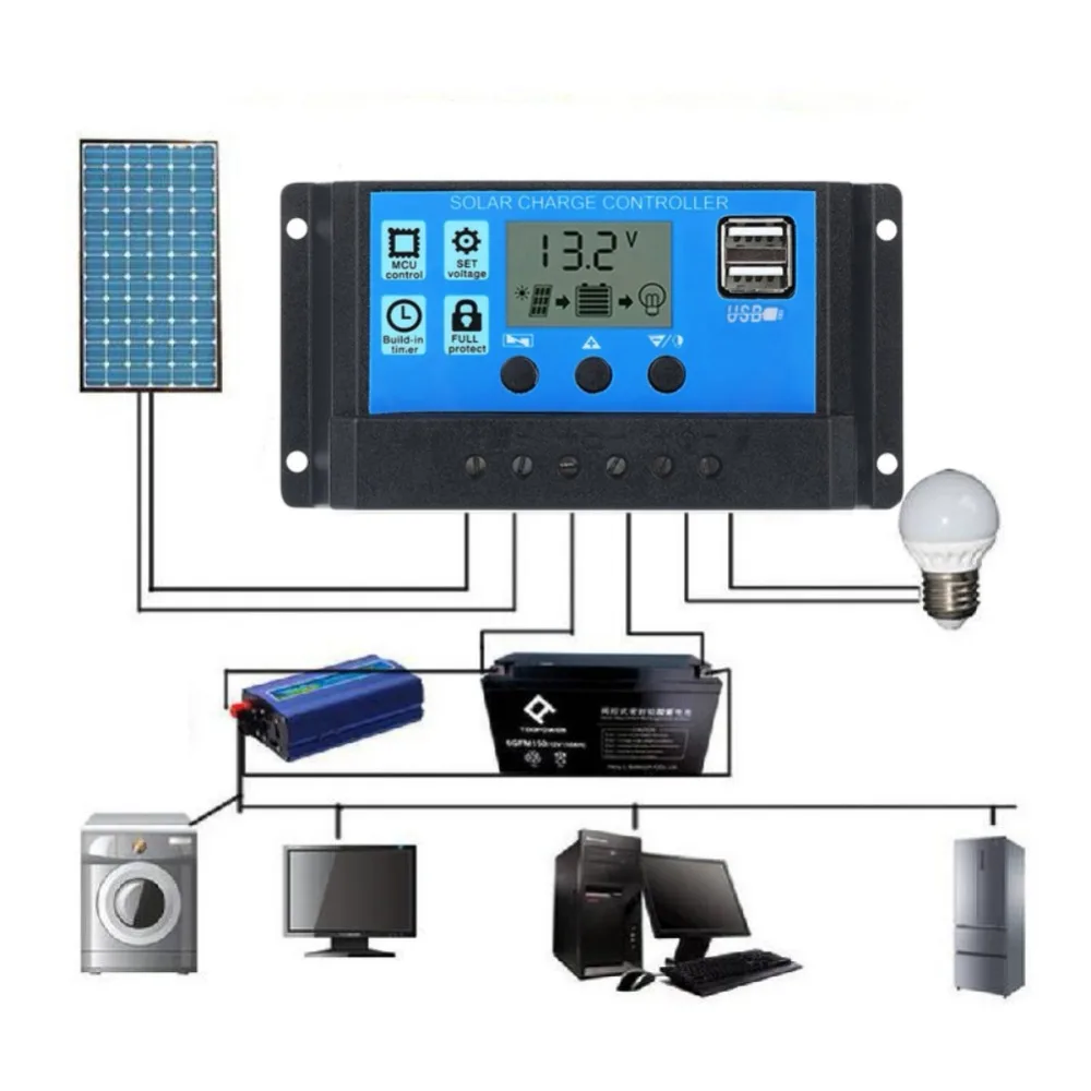 ЖК-дисплей PWM 10/20/30A Dual USB Панели солнечные Батарея регулятор заряда аккумулятора 12/24V