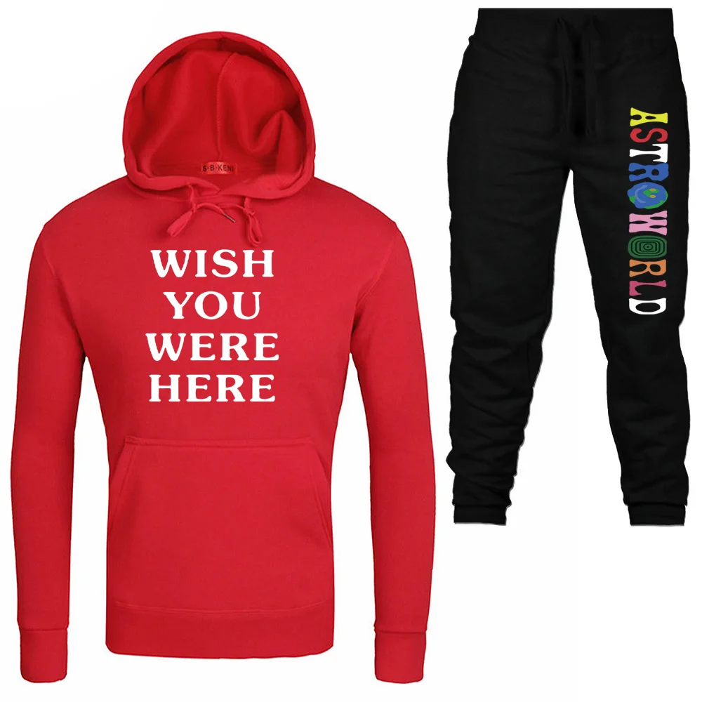 New WISH YOU WERE HERE Print Hoodies Tracksuit Men Sportswear Two Piece Sets Cotton Fleece Thick hoodie+Pant Sporting Suit