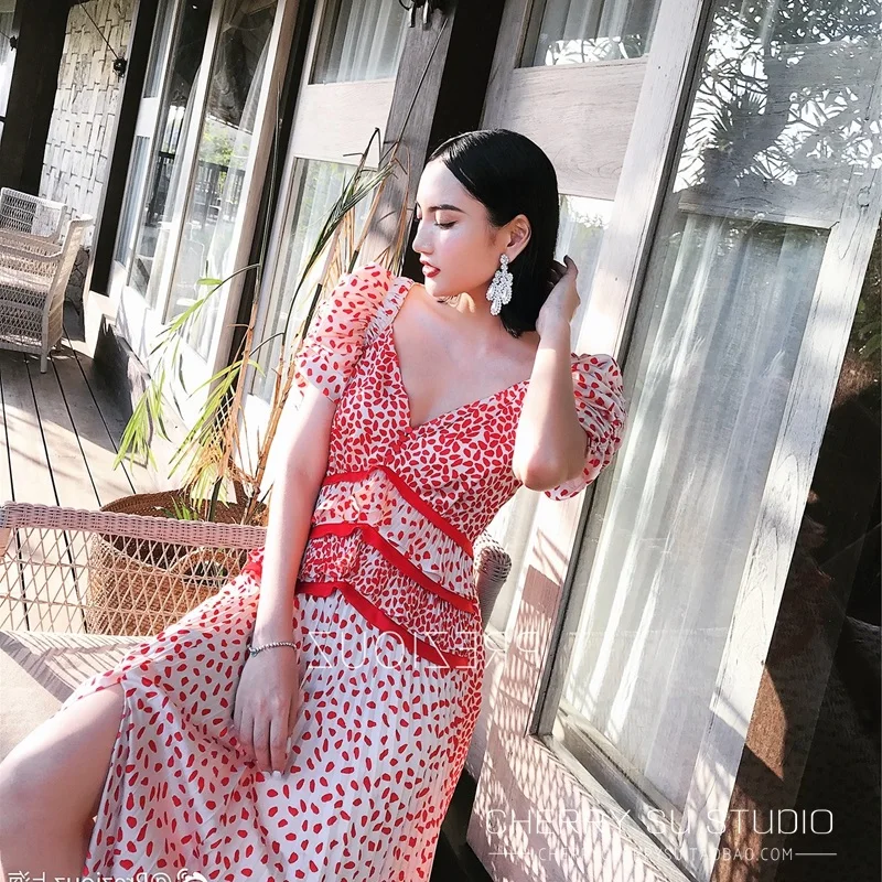 Летние пикантные V шеи Boho праздник Для женщин длинные платья Элегантный Rufffles короткий рукав женские вечерние Макси платья одежда