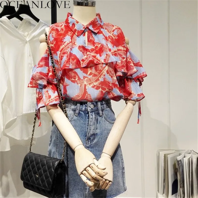 

OCEANLOVE Print Chiffon Flare Sleeve Blouse Women Hollow Out Stand Collar Blusas 2019 Summer Ruffles Off Shoulder Shirt 11987