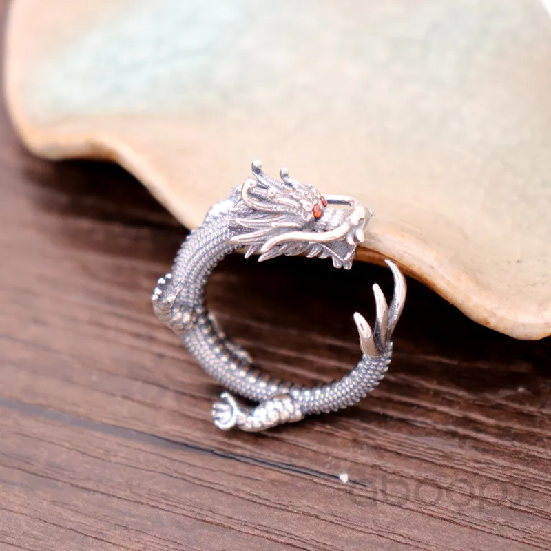 Cool Vintage Black 925 Sterling Silver Chinese Dragon Pinky Ring Jewelry with Cubic Zirconia for Men Women Adjustable Fashion Jewelry