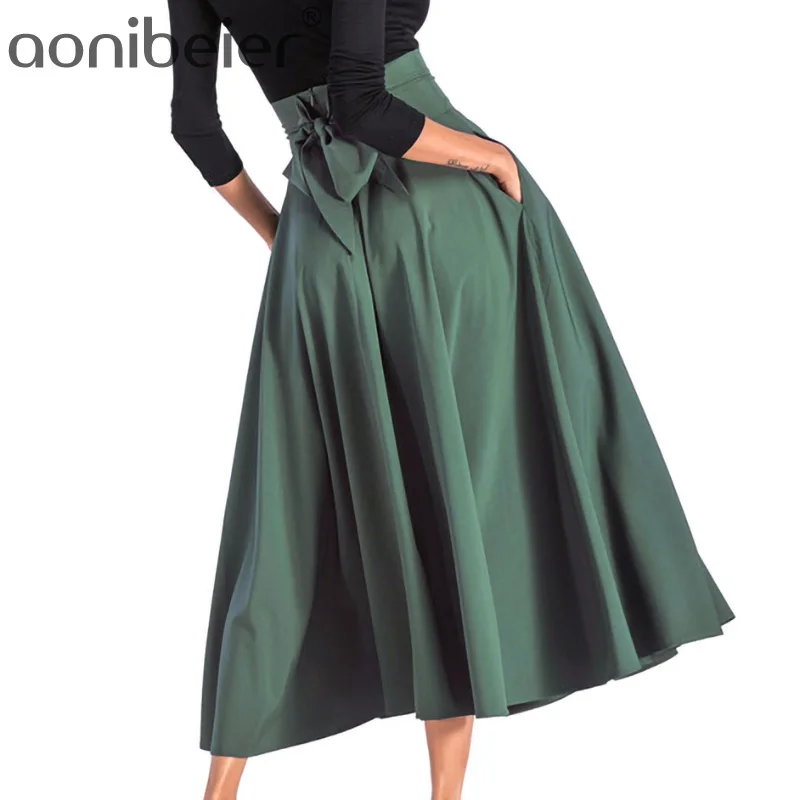 

Aonibeier Bow-Knot zipper Splice Skirt Double Pocket Solid Color High Waist Maxi A-Line Skirts