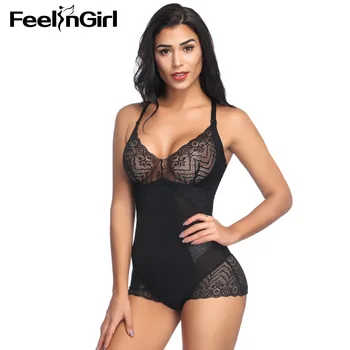 

Feelingirl Black Lace Body Shaper Adjustable StrapS Slimming V-neck Vintage Bodysuit Sexy Stretch Mesh Modeling Shapewear-D