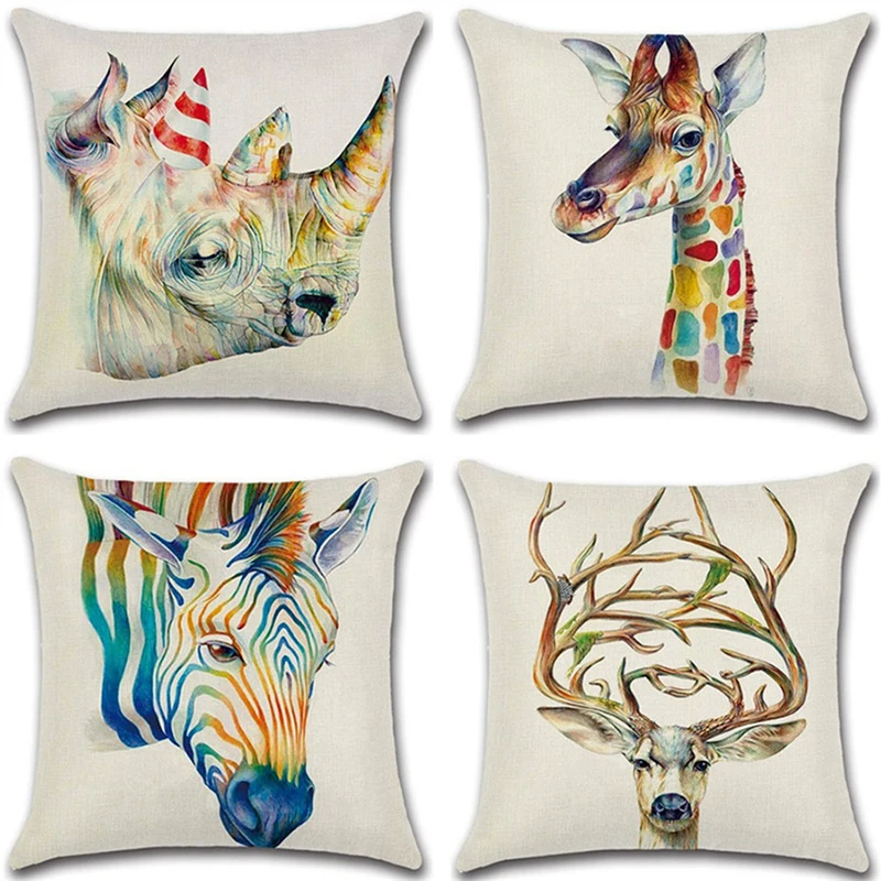 

3D Animal Head Print Throw Cushion Pillow Cover Cotton Linen Deer Head Decorative Square Cover Pillowcase Hotel Home Bedroom