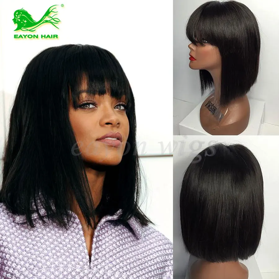

Short Bob Full Lace Human Hair Wigs With Bangs Glueless Lace Front Wig For Black Women Unprocessed Straight Bob Human Hair Wigs