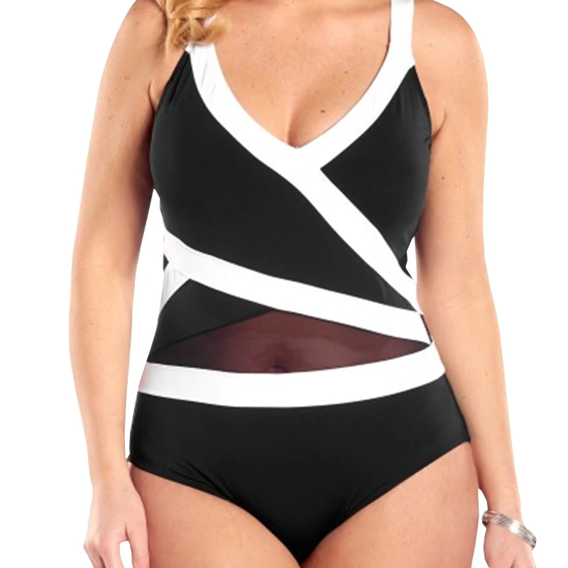 2018 Push Up New Hot Sell One Piece Swimwear Women Plus Size 6XL patchwork Black And White Stitching Swimsuit Halter bodysuit