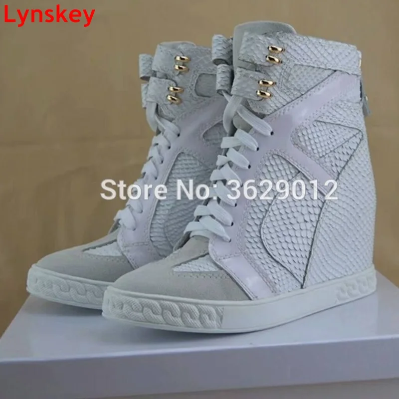 

Lynskey New Women Spring Fall Ankle Boots Wedge Platform White Snakeskin Woman Boots 8CM Height Increased Botas Feminina