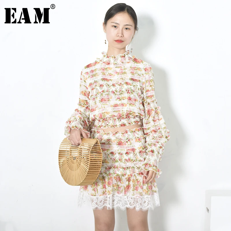 [EAM] 2018 New Summer High Collar Long Sleeve Flower Printed Lace Stitch Half-body Skirt Two Piece Suit Women Fashion JG147