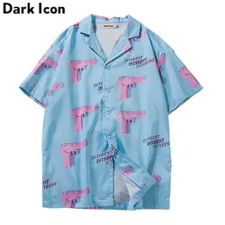 Turn-Down Воротник Гавайский стиль Мужские рубашки 2018 Лето Розовый пистолет полная печать Повседневная рубашка мужская