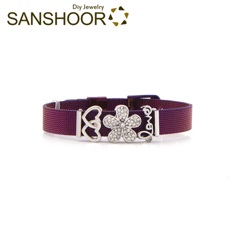 Purple Set SANSHOOR любовь Хранитель скользящий браслет блокировки сердце горный хрусталь цветок скрипт талисманы DIY браслет ювелирные изделия в подарок для женщин - Окраска металла: Purple Set