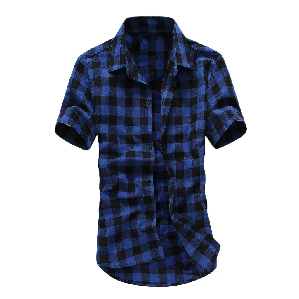 

FREE OSTRICH Summer Simple Men's Button Lapel Shirt Short Sleeve Plaid Print Large Size Casual Comfortable Men's Shirt Top 2019