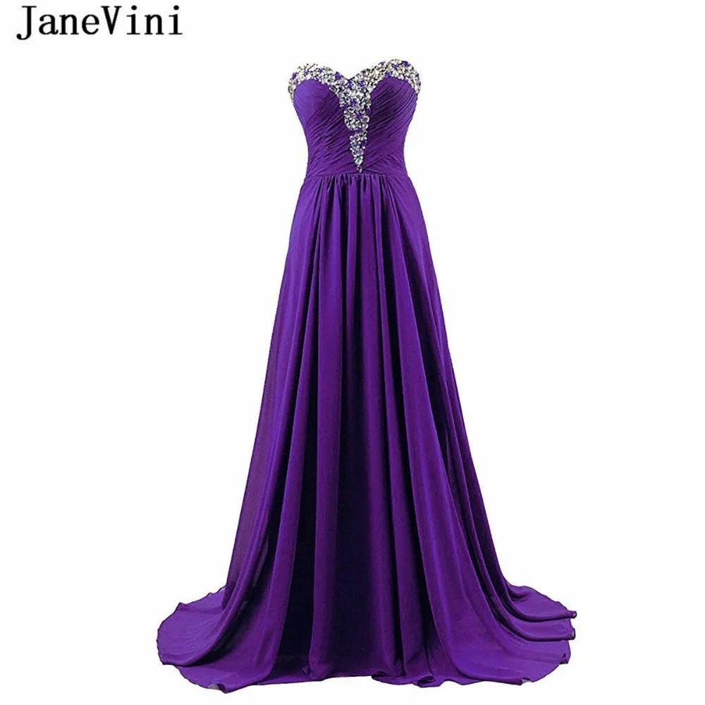 JaneVini пикантные фиолетовые линии Длинные платья подружки невесты вырез сердечком Кристалл бисера без рукавов шифон развертки поезд