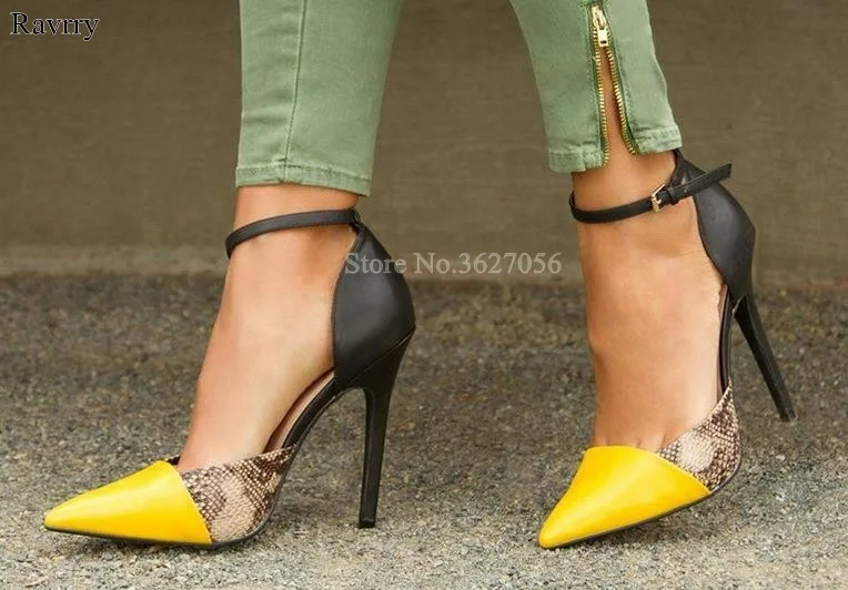 

Ravryy 2018 New Arrival Color Patchwork Snakeskin Pumps Pointed Toe Buckle Strap Shallow Hot Selling Sitletto Heels