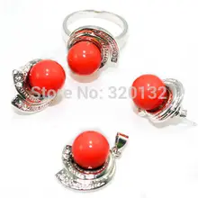 Редкие прекрасно очаровательные украшения Розовый Красный Shell Жемчужное ожерелье кольцо серьги серебряные украшения крюк
