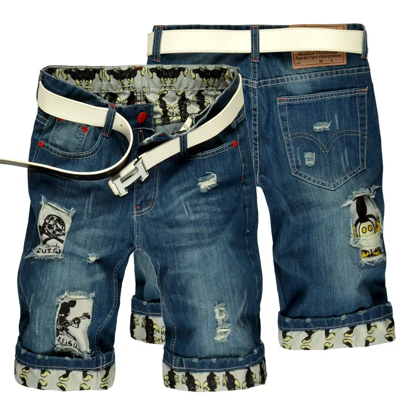 

YONO New Fashion Men Jeans Denim Shorts Summer Fit Punk Patch Distressed Hole Mid-Length Brief Male Shorts Vintage Plus Size