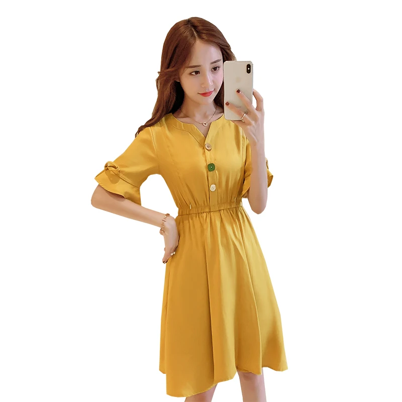 

Blue/Yellow loose maternity nursing dress short flare sleeve v-neck button fly empire breastfeeding dress lactation wholesale