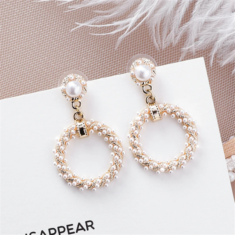 

New Korean Vintage Full Simulated Pearl Round Circle Dangle Earrings For Women Gift Fashion ZA Statement Drop Pendientes Jewelry
