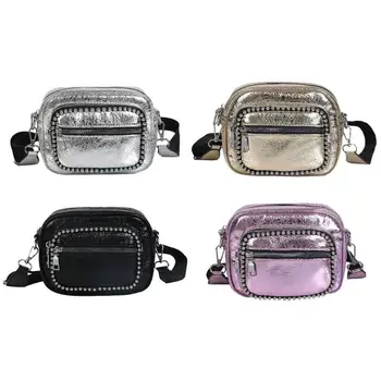 

Women's 2018 New Retro Shoulder Bag Burst Crack Rivet Handbag High Quality Wide Straps Crossbody Bags Small Casual Zipper Purse