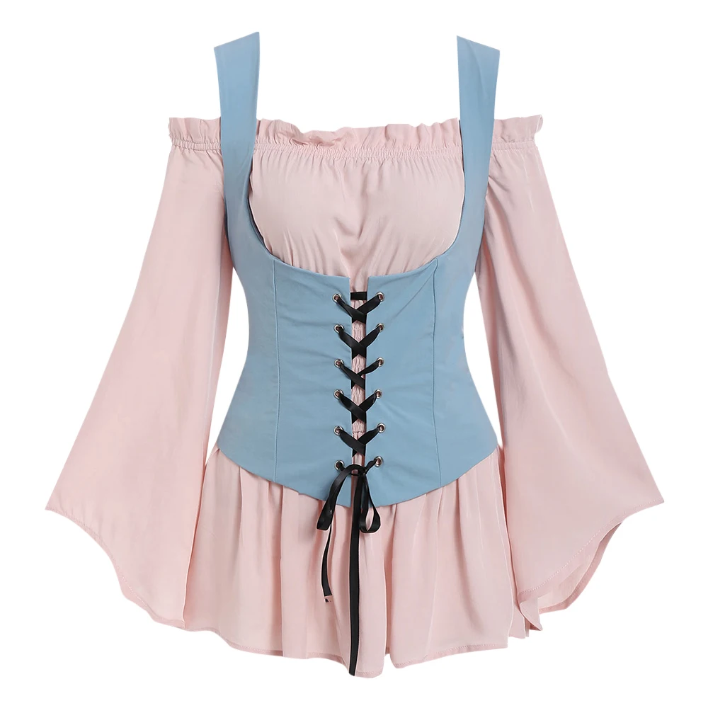 

Sovalro Off Shoulder Flare Sleeve Women Blouses Halter Lace Up Waistcoat Set Tunic Blouse Shirt Color Patchwork Female Blouse