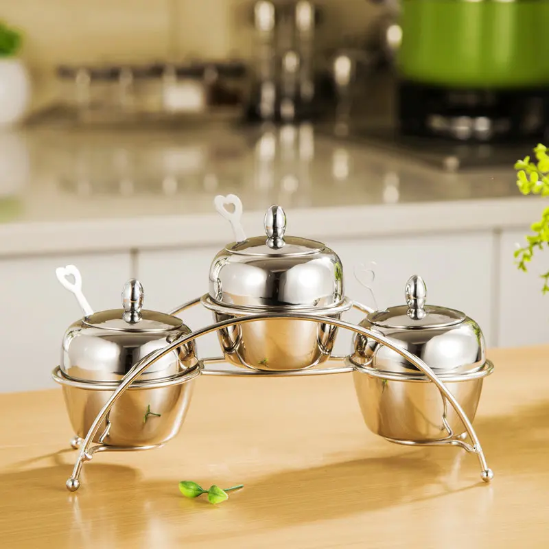 

Sugar Bowl with Lid and Spoon Stainless Steel Condiment Server Three A Set Tea Coffee Sugar Storage Jars Fashion Seasoning Pot