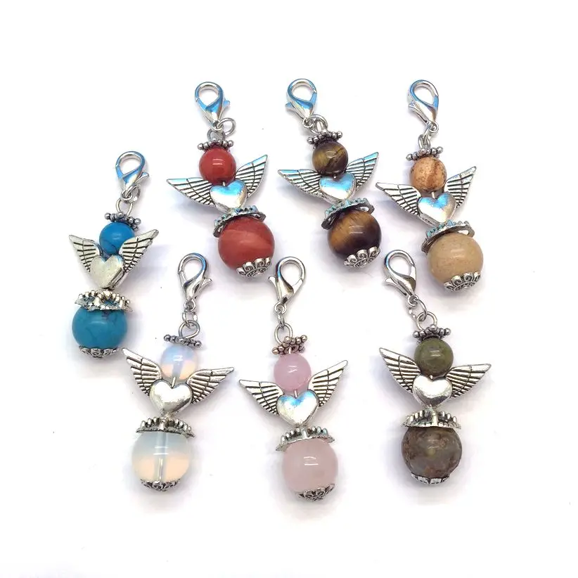 

Wholesale Colorful Stone Beads Protection Angel Pendant Charm For Bag Keychain Accessory Mixed Colors Silver Metal Hook