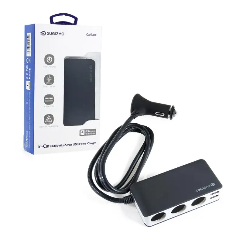 EUGIZMO 4 USB Port 3 Way Car Cigarette Lighter Socket Splitter Charger DC 12~24V Cigarette Lighter Socket Black Free shipping