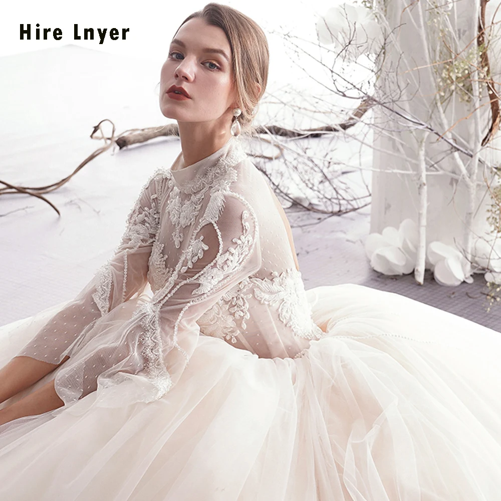 Vestido De Noiva 2019 Высокая шея открытой спиной блестящие Бисер аппликации тюль-line свадебное платье с юбкой без шлейфа Gelinlik